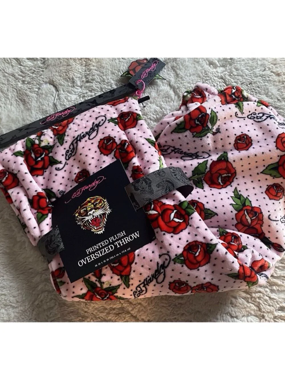 Ed Hardy Pink Plush Oversized Throw Blanket 60” X 70” Roses Polka Dots Tattoo